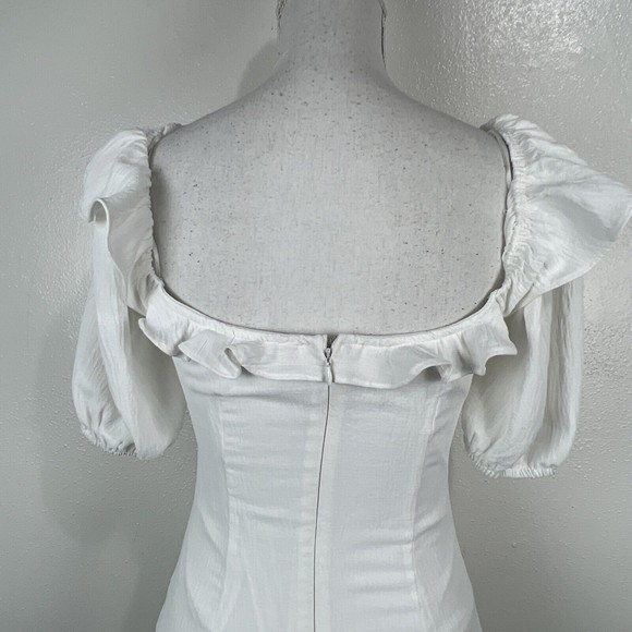 Blue Blush Dress Women Small White Puff Sleeve Ruffled Low V-Neck Mini - Picture 11 of 12